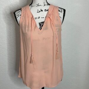 393- Style & Co NWT Peach Sleeveless Top with Fringe Ties at Collar, Size PP